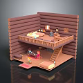 Rustic Scenic Landscape Featuring Two Story Log Cabin With Wooden Walls And Staircase