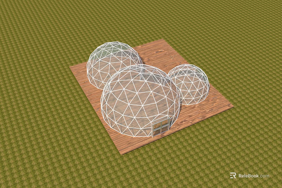 Three White Spherical Dome Structures On Brown Square Platform With Green Grid Ground 3d model 