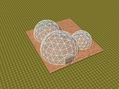 Three White Spherical Dome Structures On Brown Square Platform With Green Grid Ground 3d model