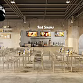 Modern Red Smoke Restaurant Interior With Infinity Theme Tables Chairs And Green Plants