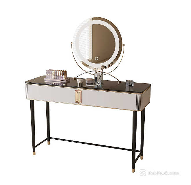 Elegant White Black Dressing Table With Round Mirror Gold Handle And Cosmetics 3d model