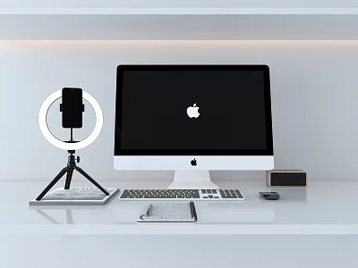Apple iMac Desktop Workspace With Monitor Keyboard Mouse Phone Stand And Ring Light 3d model