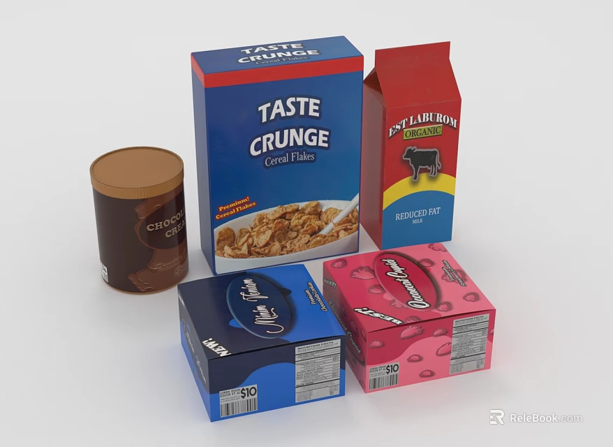 Decorative Ornament Set With Colorful Cereal Milk And Snack Packages For Kitchen 3d model 