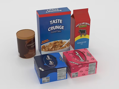 Decorative Ornament Set With Colorful Cereal Milk And Snack Packages For Kitchen 3d model