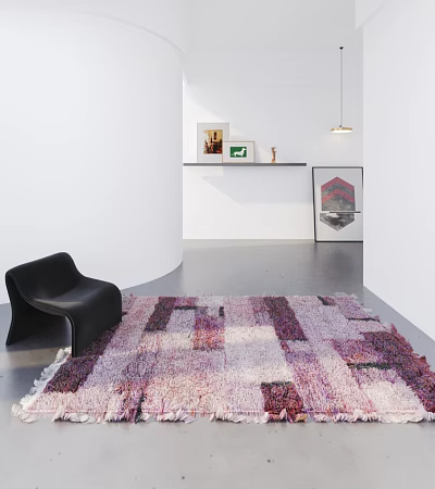 Black Leisure Chair in Modern Interior with Colorful Rug White Wall Art and Pendant Light 3d model