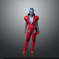 Blue Skinned Humanoid Character In Red Futuristic Armor With Blue Details