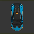 Blue Sports Car With Yellow Accents Black Roof Rear Spoiler And Brown Interior