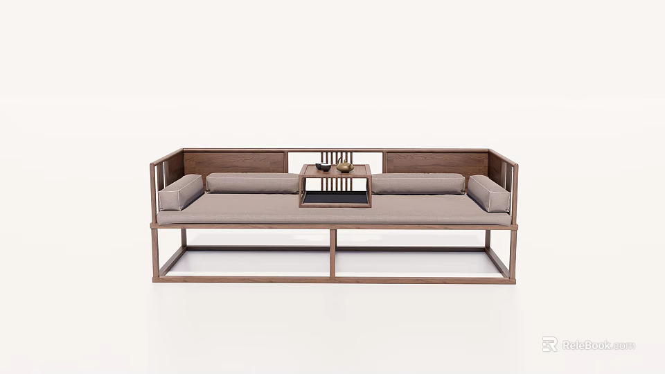 Traditional Chinese Daybed With Wooden Frame Soft Cushions And Small Coffee Table 3d model 