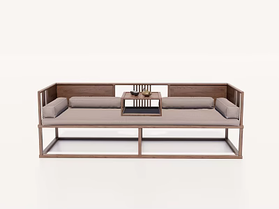 Traditional Chinese Daybed With Wooden Frame Soft Cushions And Small Coffee Table 3d model