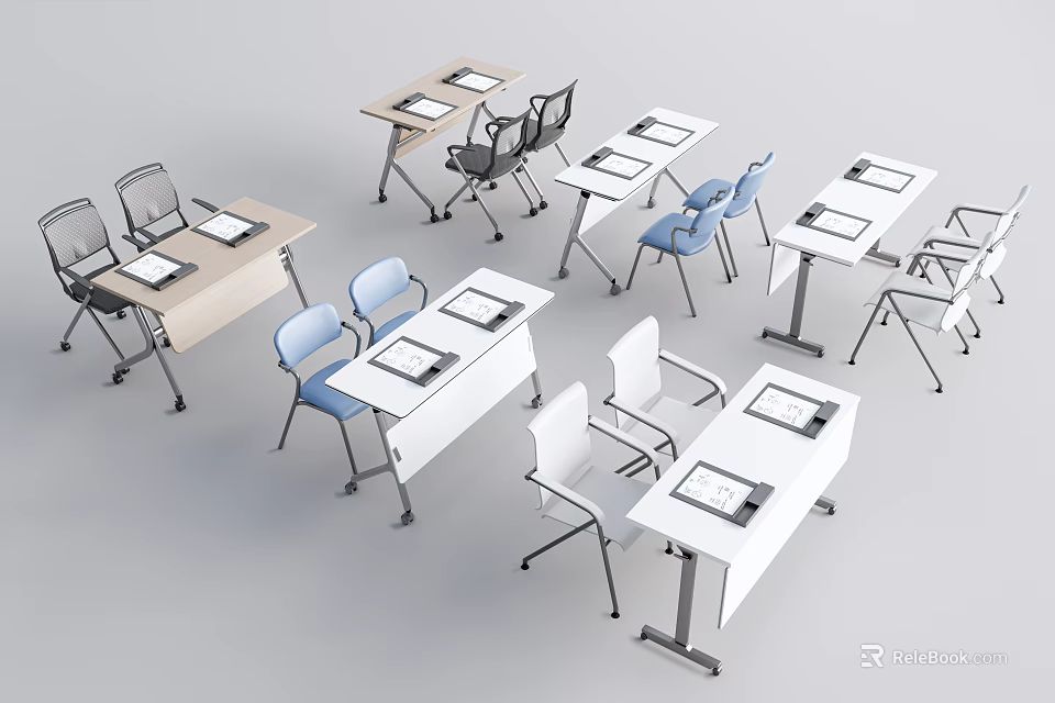 Modern Conference Tables With Blue Black White Chairs And Notebooks On Surface 3d model 