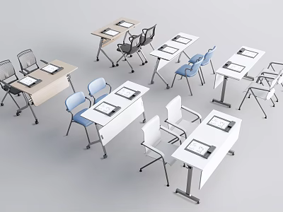 Modern Conference Tables With Blue Black White Chairs And Notebooks On Surface 3d model