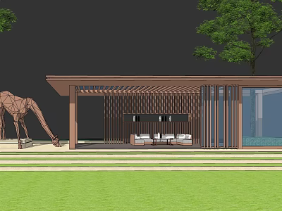 Modern Wooden Pergola With Lattice Design And Giraffe Sculpture Near Lawn And Swimming Pool 3d model