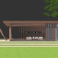 Modern Wooden Pergola With Lattice Design And Giraffe Sculpture Near Lawn And Swimming Pool