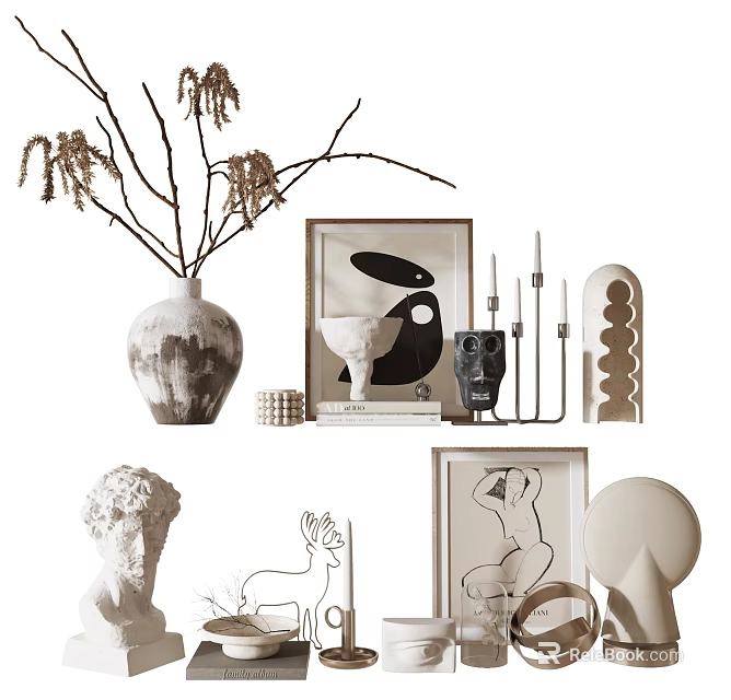 Artistic Decorative Ornament Combination With Vase Branches Framed Art Sculptures Geometric Decor And Candle Holders 3d model 