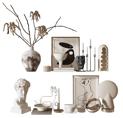 Artistic Decorative Ornament Combination With Vase Branches Framed Art Sculptures Geometric Decor And Candle Holders 3d model