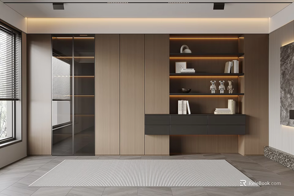 Modern Wooden Bookcase Interior Design With Open Shelves Drawer Storage And Neutral Tones 3d model 