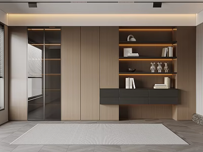 Modern Wooden Bookcase Interior Design With Open Shelves Drawer Storage And Neutral Tones 3d model