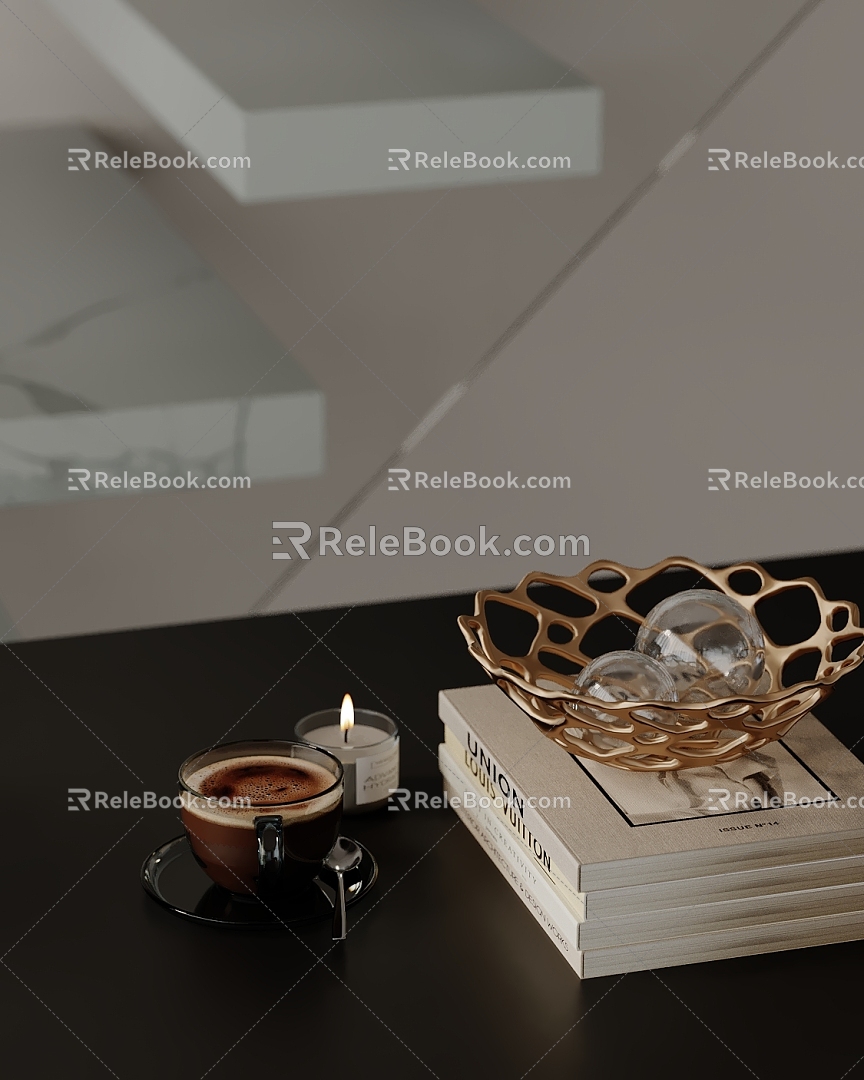 Ornaments combination books kitchen utensils candles coffee cup fruit plate 3d model