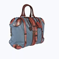 Blue And Brown Leather Duffle Bag With Top Handle And Decorative Straps