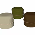 Round Upholstered Ottomans In Beige Green Brown With Wooden Trim