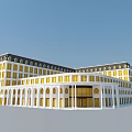 White Building Exterior With Yellow Windows Arched Portico Multiple Floors And Dark Roof