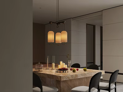 Elegant Modern Restaurant Interior With Marble Dining Table Pendant Lights Fruits And Black Chairs 3d model