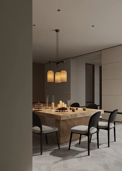 Elegant Modern Restaurant Interior With Marble Dining Table Pendant Lights Fruits And Black Chairs 3d model
