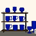 Collection of Blue Mugs with Various Designs Arranged on a Wooden Shelf