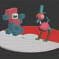Pink Blue Block Characters And Top Hat Bird Creature On Red White Round Platform 3d model