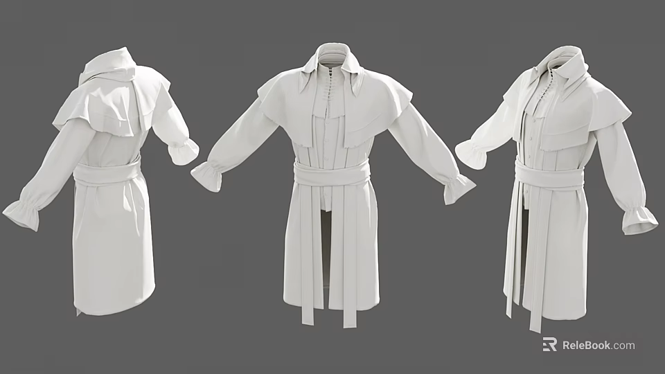 White Long Belted Coat Fashion Design Shown In Three Angles 3d model 