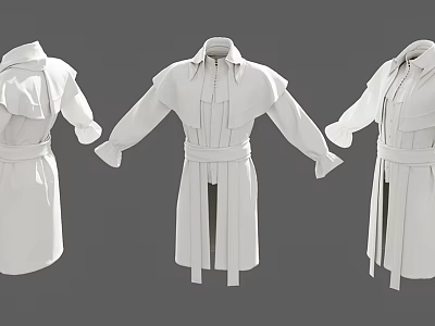 White Long Belted Coat Fashion Design Shown In Three Angles 3d model