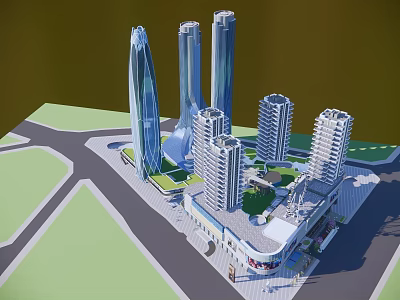 Modern Mixed Use Commercial Complex With High Rise Towers And Retail Spaces 3d model