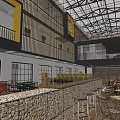 Modern Hotel Lobby Interior With Two Story Metal Frame Ceiling Open Space And Green Plants