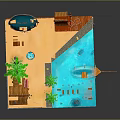 Modern Tropical Scene With Wooden Buildings Palm Trees Wooden Bridge Boat And Water Area