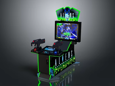 Arcade Game Machine With Dual Gun Controllers Game Display Screen And Green LED Light Accents 3d model