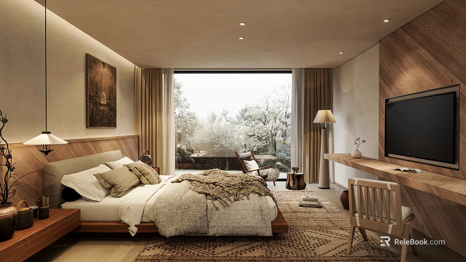 Hotel Room Interior With Cozy Bed Soft Blanket Large Window Tree View And Wooden Desk 3d model 