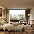 Hotel Room Interior With Cozy Bed Soft Blanket Large Window Tree View And Wooden Desk