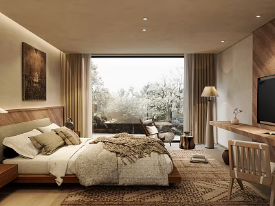 Hotel Room Interior With Cozy Bed Soft Blanket Large Window Tree View And Wooden Desk 3d model