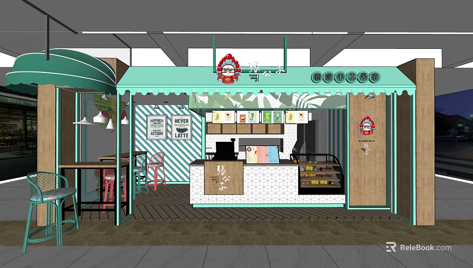 Elegant Modern Milk Tea Shop Interior With Counter Seating Menu Display And Lighting 3d model 