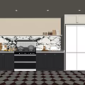 Kitchen Interior Design With Dark Cabinets Marble Backsplash Checkered Floor And Refrigerator 3d model