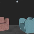 Modern Stylish Single Sofa In Pink And Blue Velvet Upholstered With Curved Armrests