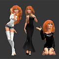 Three Red Haired Female Characters In Various Poses With Different Outfits 3d model