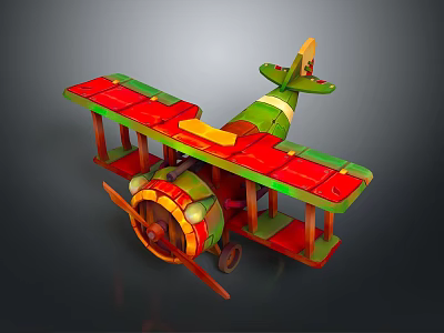 Vintage Colorful Wooden Biplane Model For Space Themed Kids Room Decor 3d model