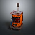 Vintage Industrial Metal Stove Featuring Chimney Orange Red Body And Control Knobs