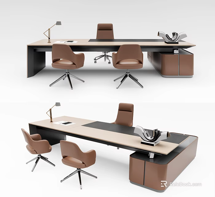 Modern Office Desk With Ergonomic Chairs Desk Lamp And Wooden Storage Cabinet 3d model 