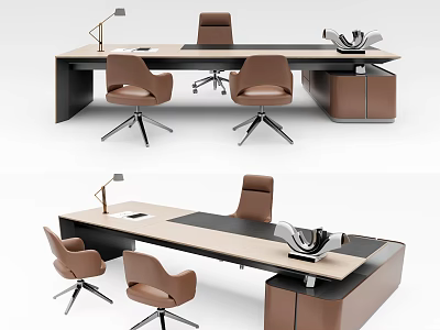 Modern Office Desk With Ergonomic Chairs Desk Lamp And Wooden Storage Cabinet 3d model