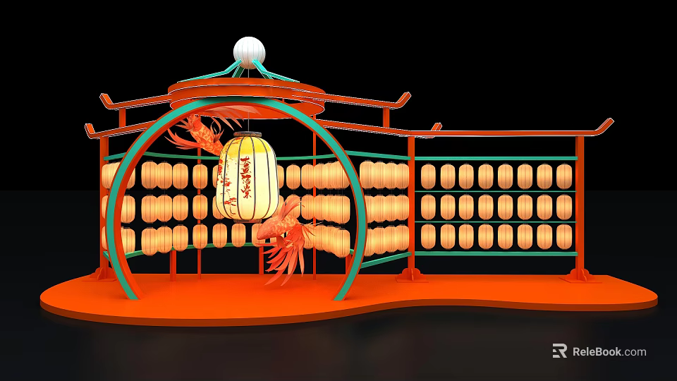 Traditional Arch Decorative Structure With Red Green Frame And Hanging Lanterns 3d model