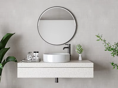 Minimalist Bathroom Vanity Design With Round Mirror White Basin Stone Countertop and Green Plants 3d model