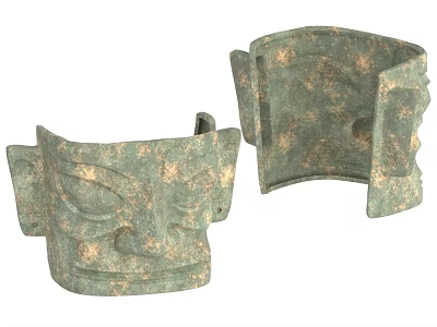 Ancient Bronze Mask Sculptures With Carved Facial Features And Patina Finish 3d model