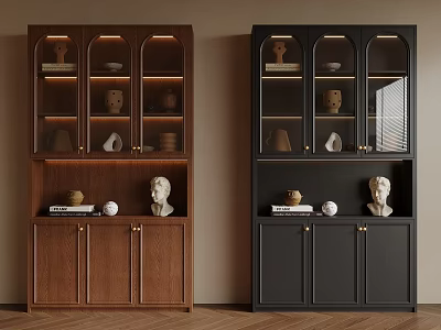 Modern Brown And Black Wine Cabinets With Glass Doors And Decorative Displays 3d model